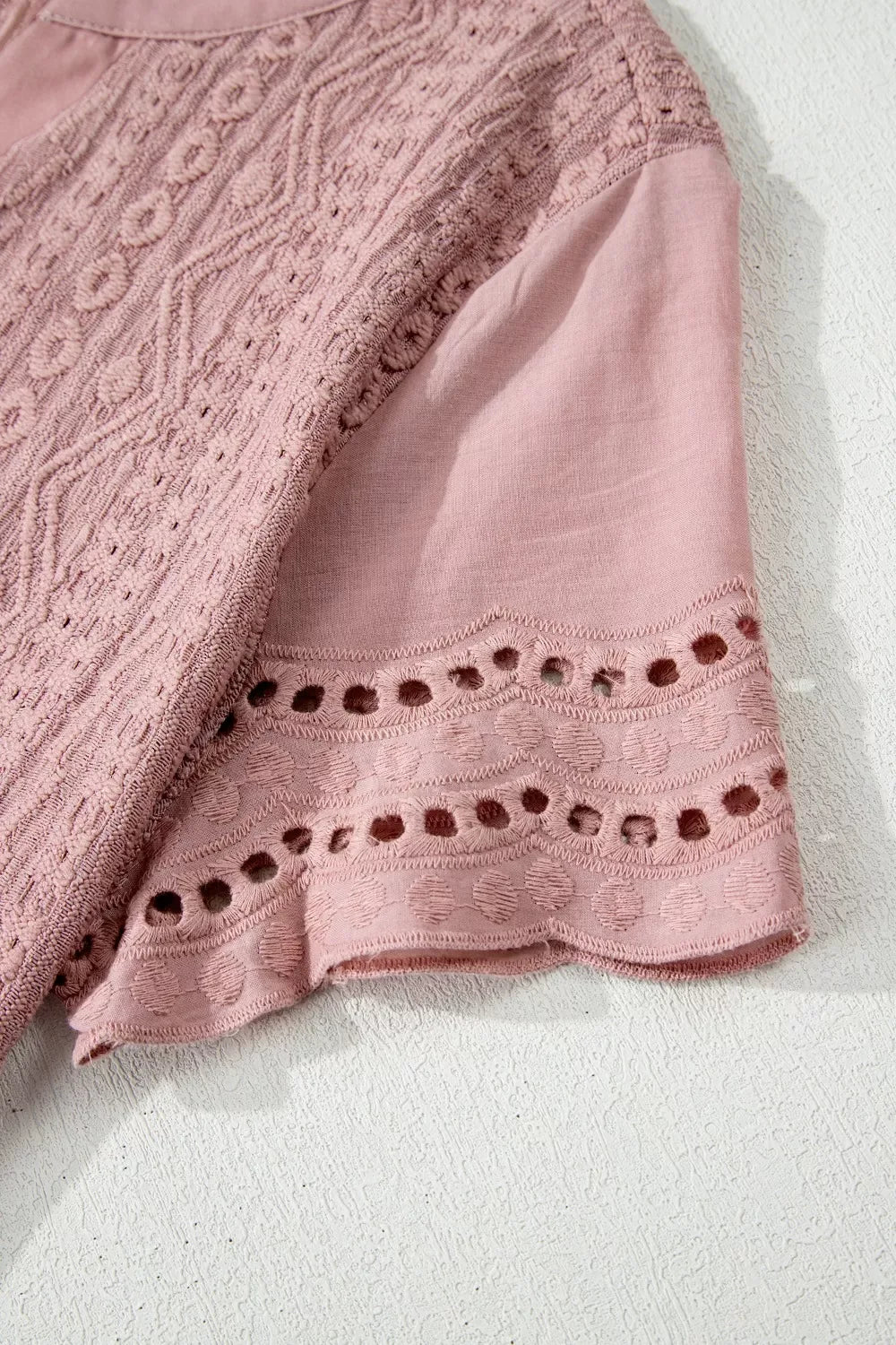 Textured Embroidered Half Buttons Short Sleeve Blouse - Trendsi - Flyclothing LLC