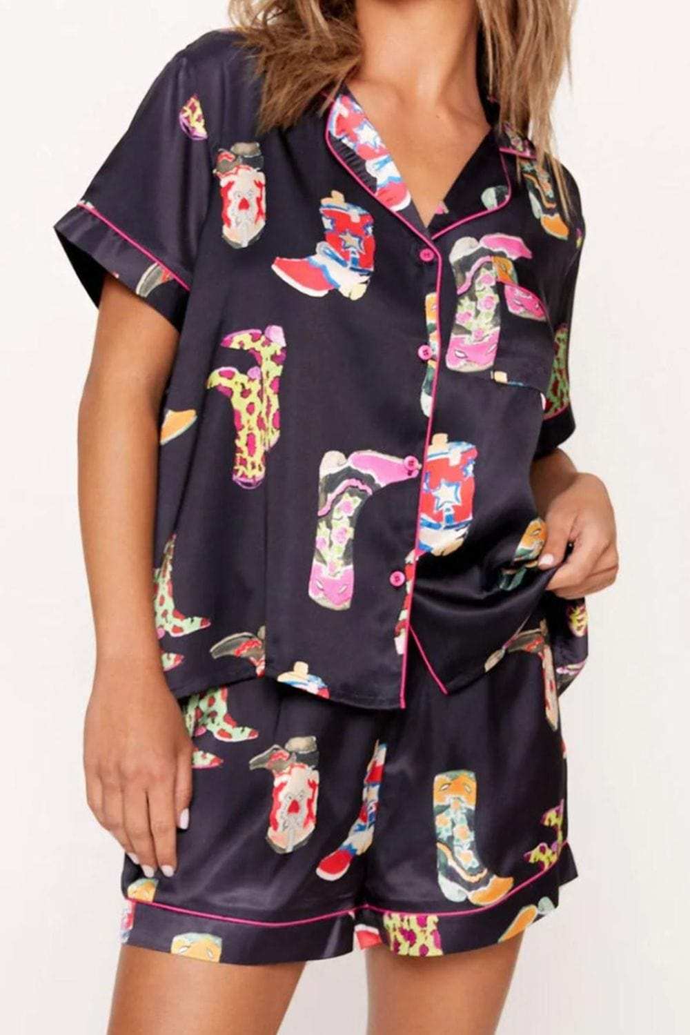 Printed Button Up Short Sleeve Top and Shorts Lounge Set - Trendsi - Flyclothing LLC