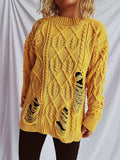 Distressed Cable-Knit Round Neck Long Sleeve Sweater - Trendsi - Flyclothing LLC