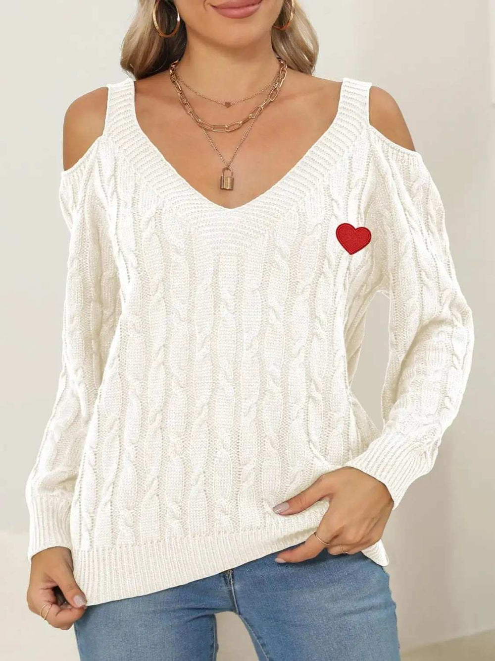 Cable-Knit Heart V-Neck Sweater - Trendsi - Flyclothing LLC