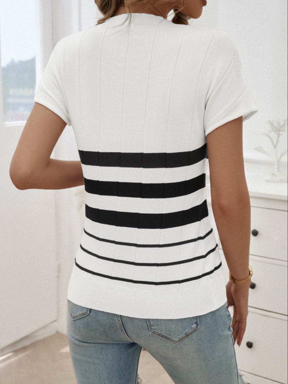 Striped Round Neck Short Sleeve Knit Top - Trendsi - Flyclothing LLC