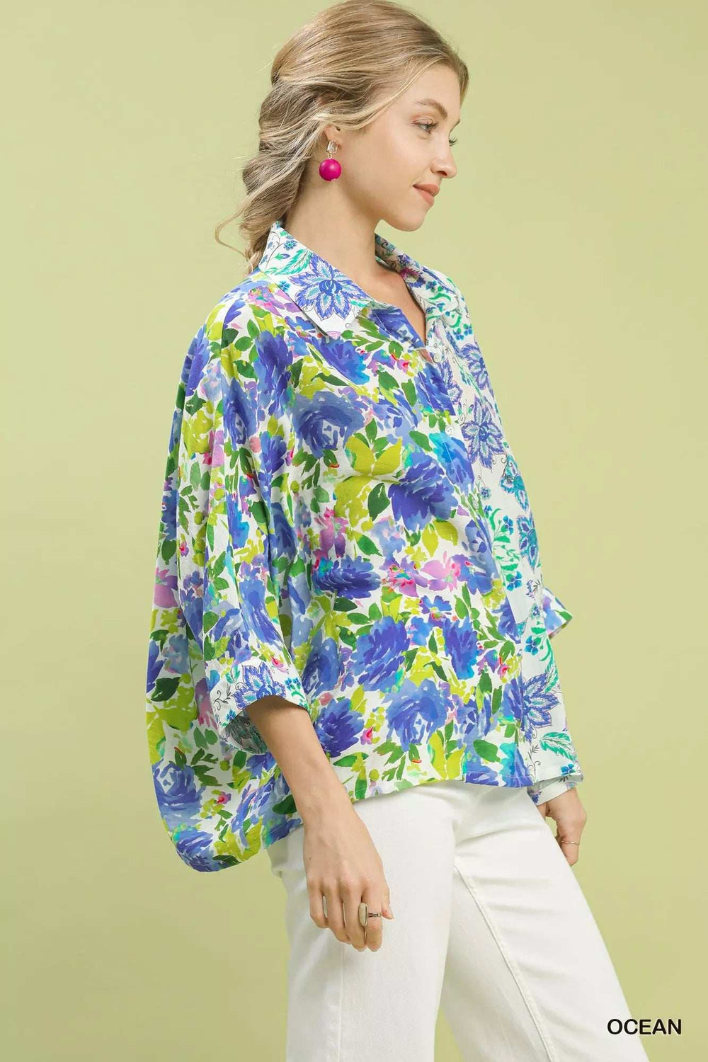 Umgee Mixed Floral Oversized Button Down Shirt - Trendsi - Flyclothing LLC
