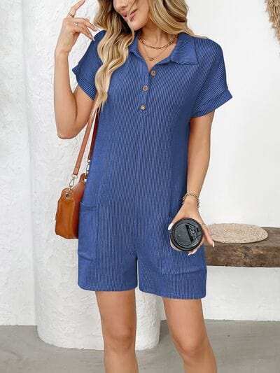 Button Detail Collared Neck Short Sleeve Romper - Trendsi - Flyclothing LLC