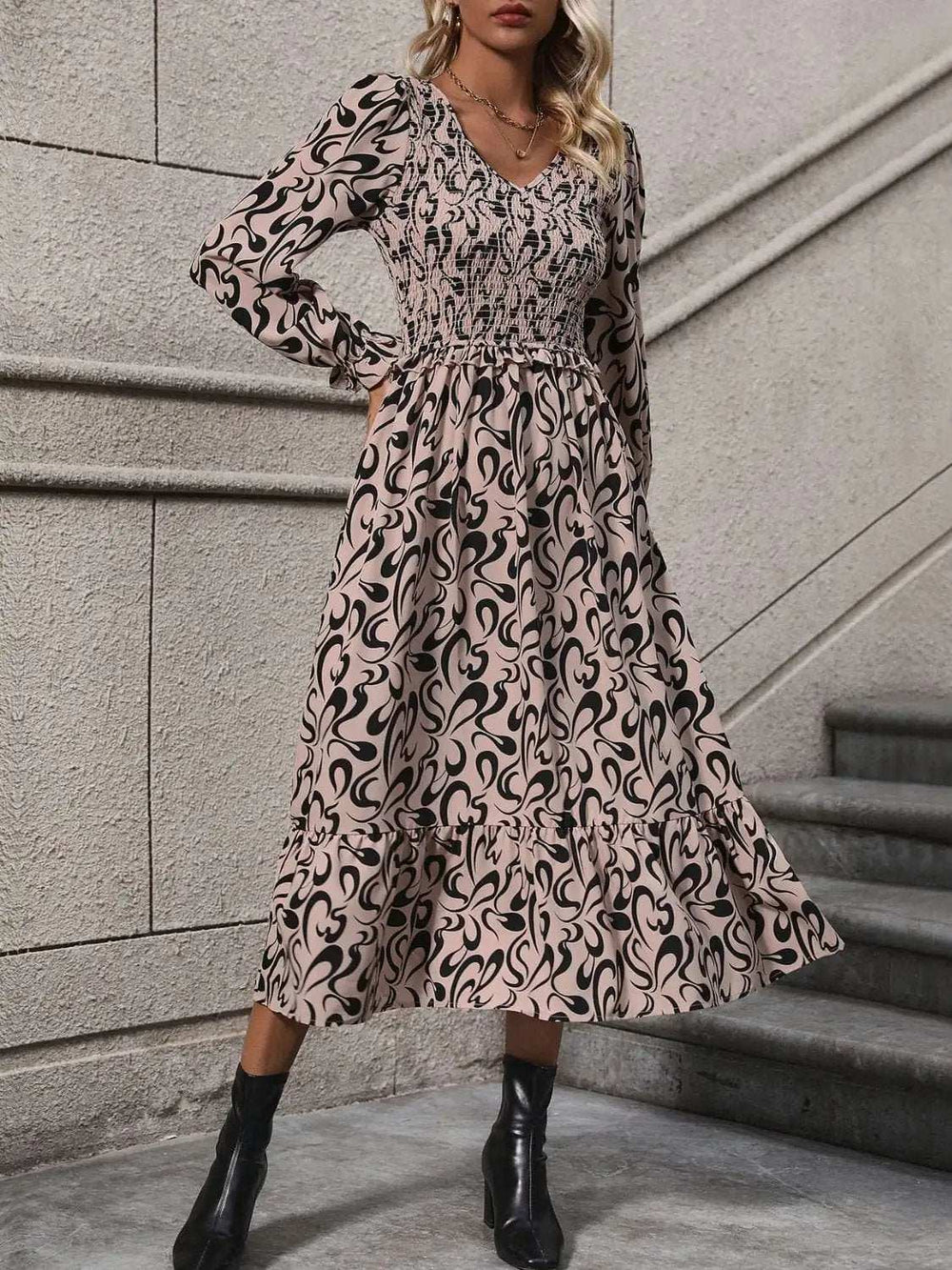 Printed V-Neck Long Sleeve Midi Dress - Trendsi - Flyclothing LLC