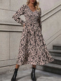 Printed V-Neck Long Sleeve Midi Dress - Trendsi - Flyclothing LLC