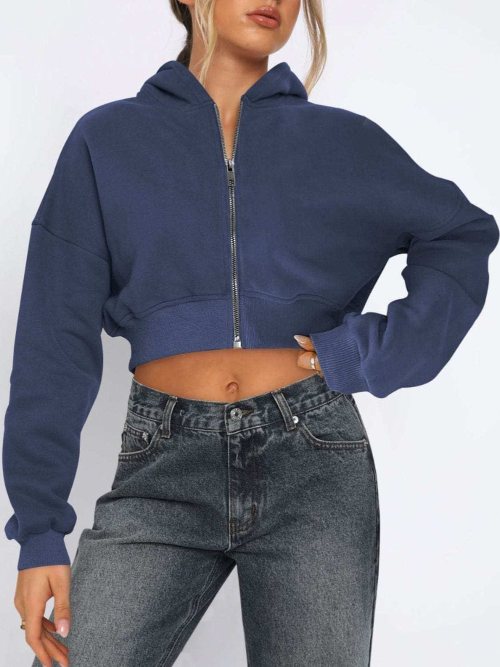 Zip Up Long Sleeve Hooded Cropped Jacket - Trendsi - Flyclothing LLC