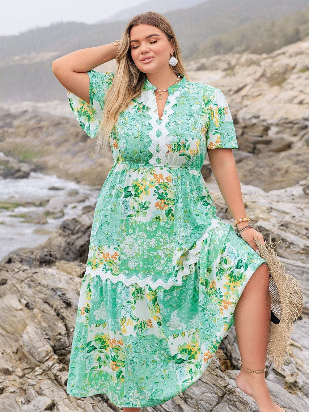 Plus Size Printed Notched Short Sleeve Maxi Dress - Trendsi - Flyclothing LLC