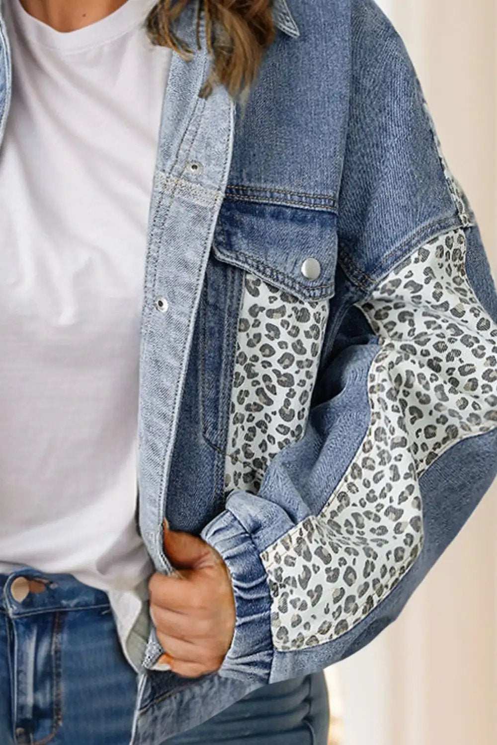 Plus Size Leopard Long Sleeve Denim Jacket - Trendsi - Flyclothing LLC