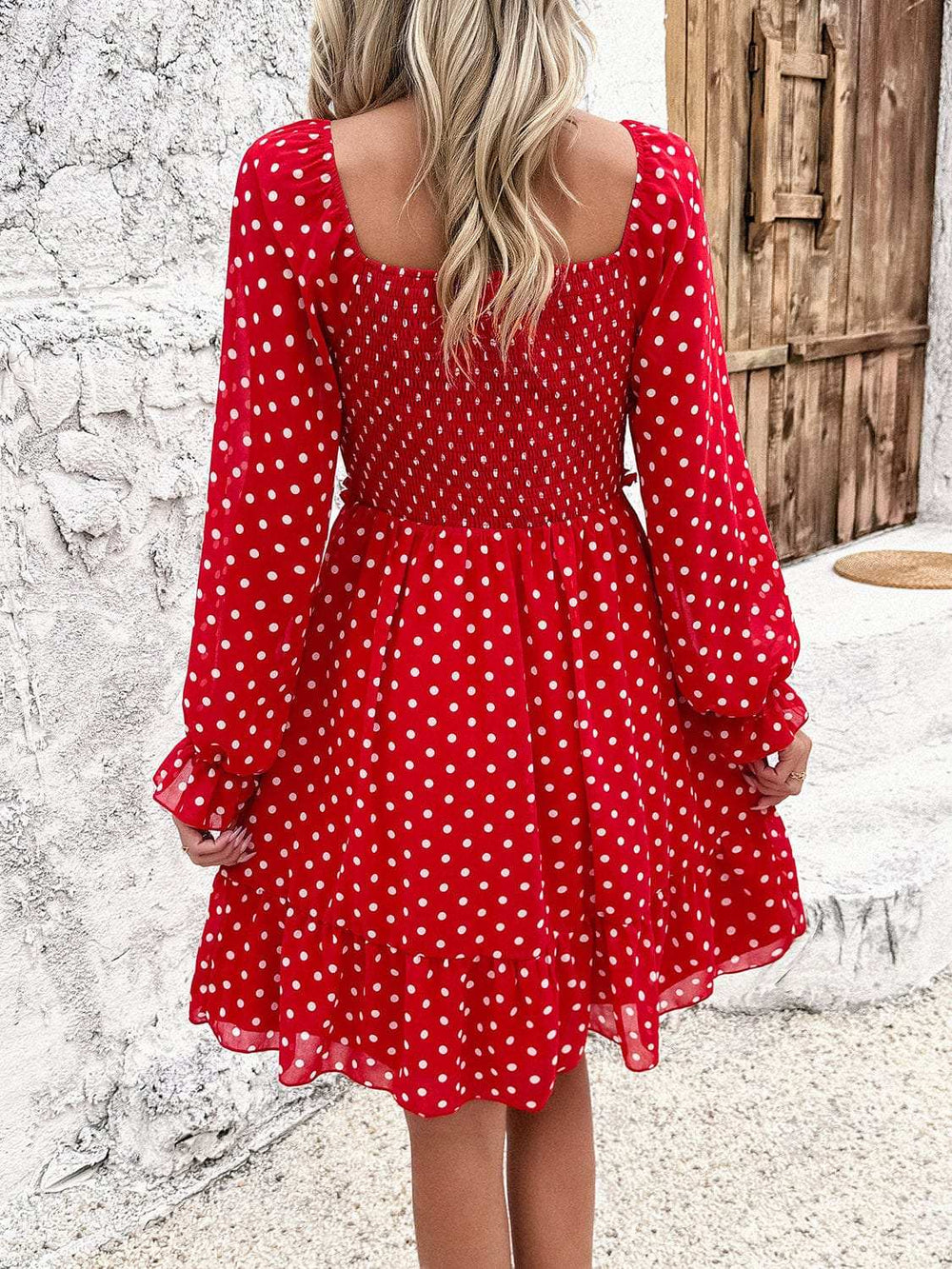 Smocked Polka Dot Long Sleeve Dress - Trendsi - Flyclothing LLC