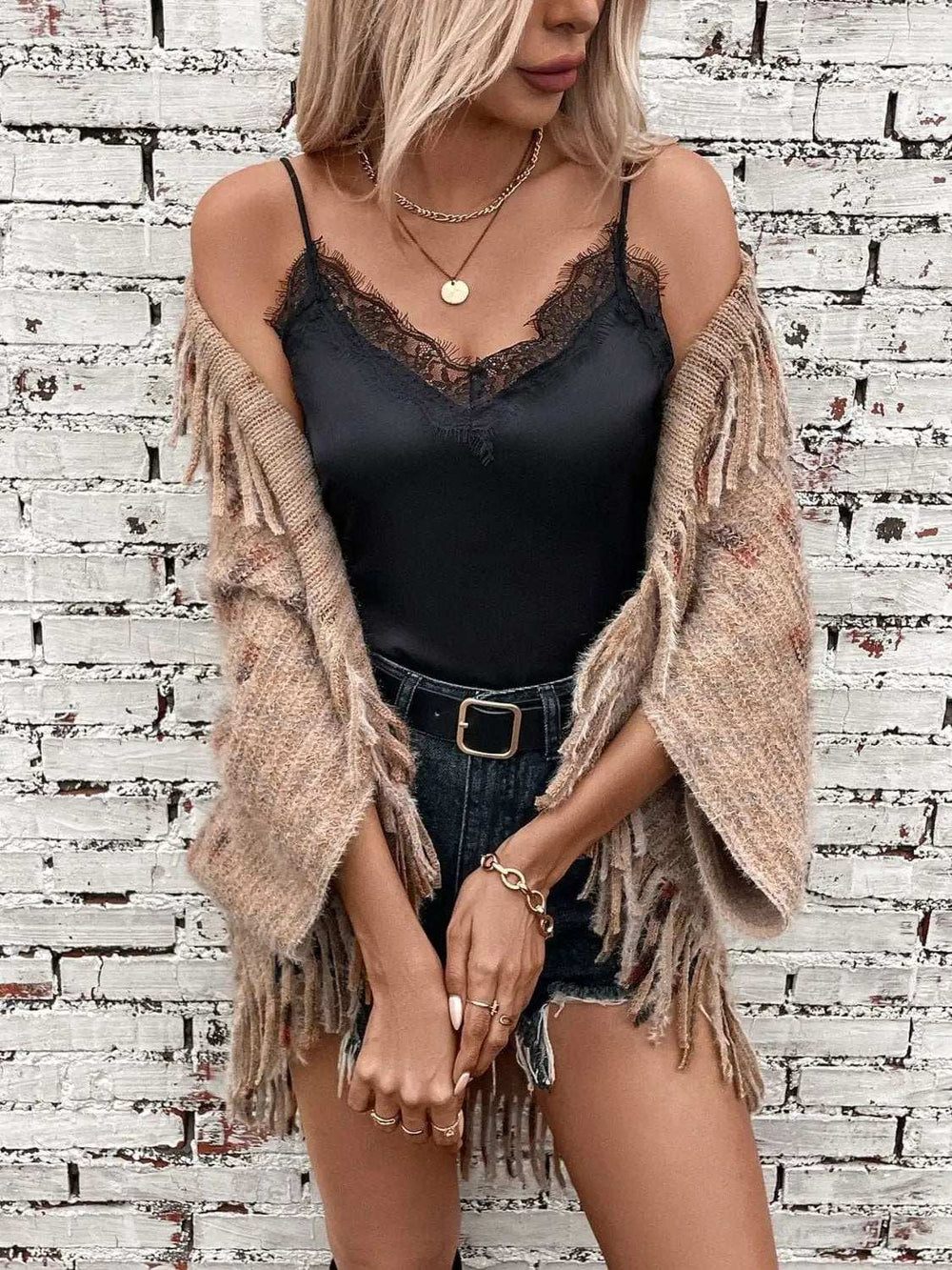 Fringe Open Front Half Sleeve Poncho - Trendsi - Flyclothing LLC