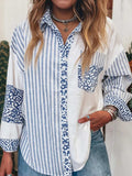 Striped Patchwork Button Down Shirt with Leopard Print Details - Trendsi - Flyclothing LLC