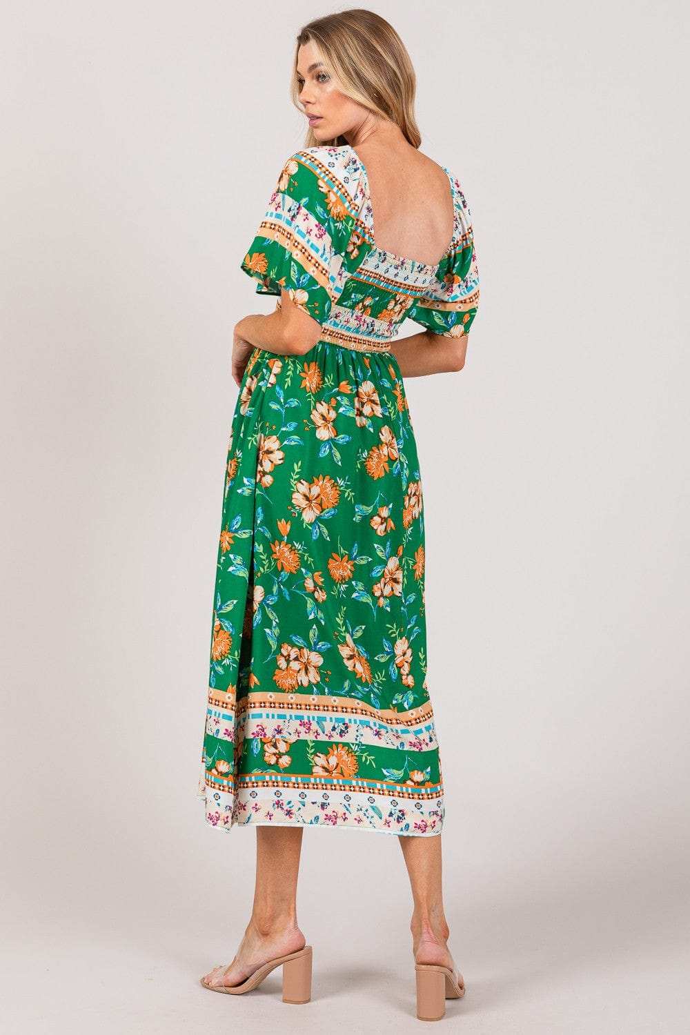 SAGE + FIG Printed Smocked Short Sleeve Midi Dress - Trendsi - Flyclothing LLC
