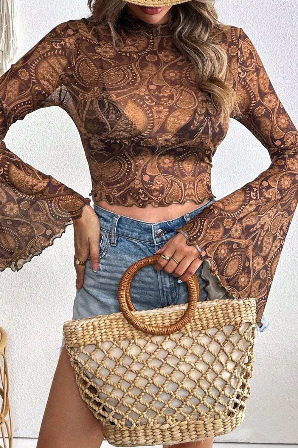 Printed Mock Neck Flare Sleeve Top - Trendsi - Flyclothing LLC