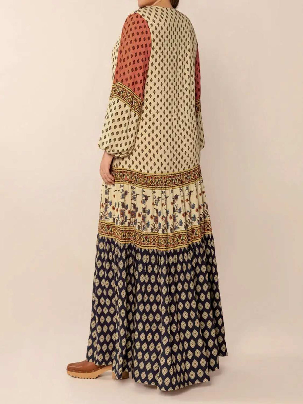 Printed V-Neck Balloon Sleeve Maxi Dress - Trendsi - Flyclothing LLC