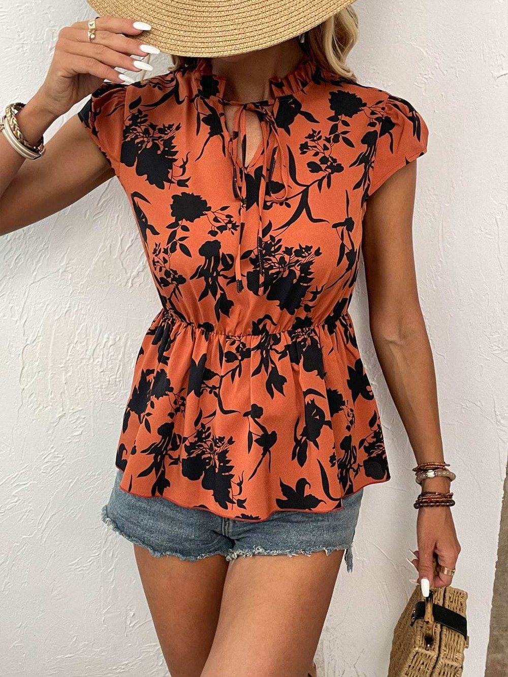Printed Tie Neck Cap Sleeve Blouse - Trendsi - Flyclothing LLC