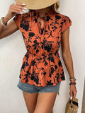 Printed Tie Neck Cap Sleeve Blouse - Trendsi - Flyclothing LLC