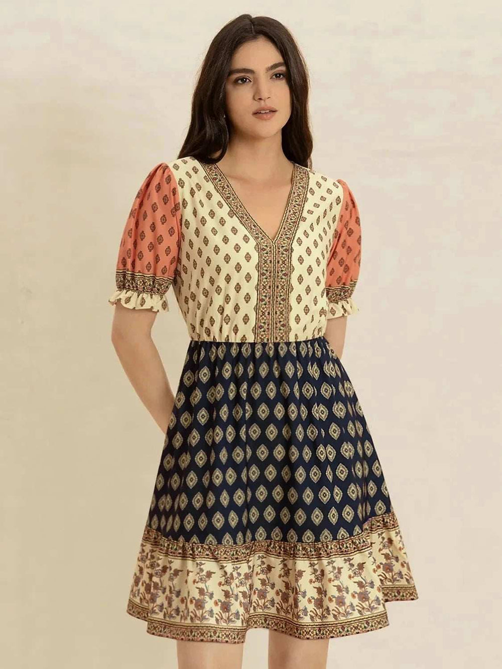 Printed V-Neck Short Sleeve Dress - Trendsi - Flyclothing LLC