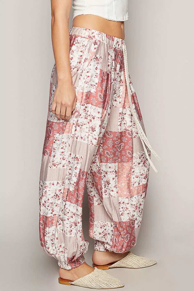 POL Drawstring Floral Patchwork Wide leg Pants - Trendsi - Flyclothing LLC