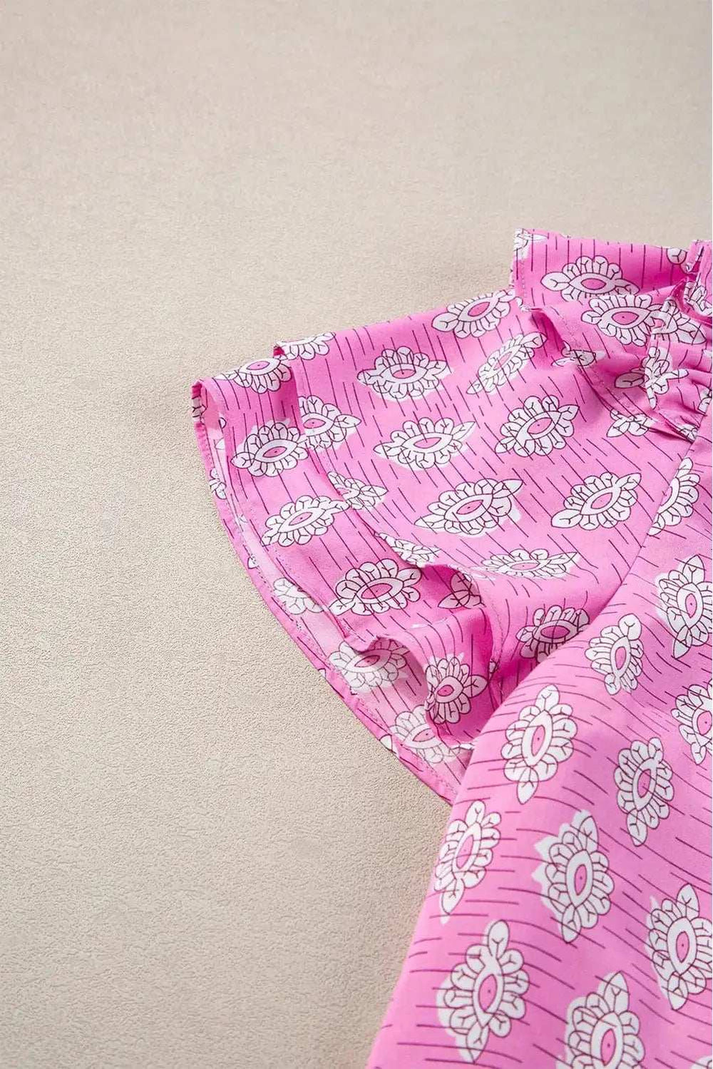 Ruffled Printed Tie Neck Short Sleeve Blouse - Trendsi - Flyclothing LLC