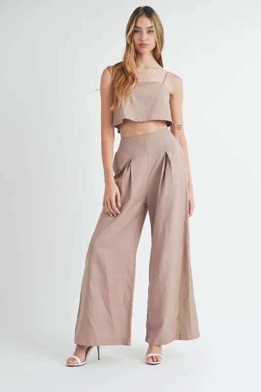 MABLE Linen Mix Crop Cami and Wide Leg Pants Set - Trendsi - Flyclothing LLC
