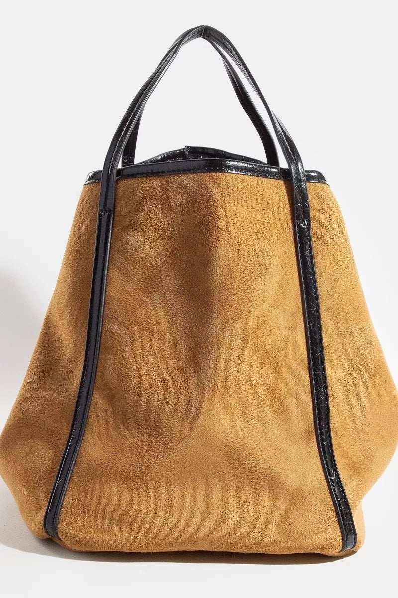 Fame Suede Tote Faux Leather Trim Shoulder Strap - Trendsi - Flyclothing LLC