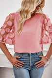 Applique Round Neck Half Sleeve Blouse - Trendsi - Flyclothing LLC