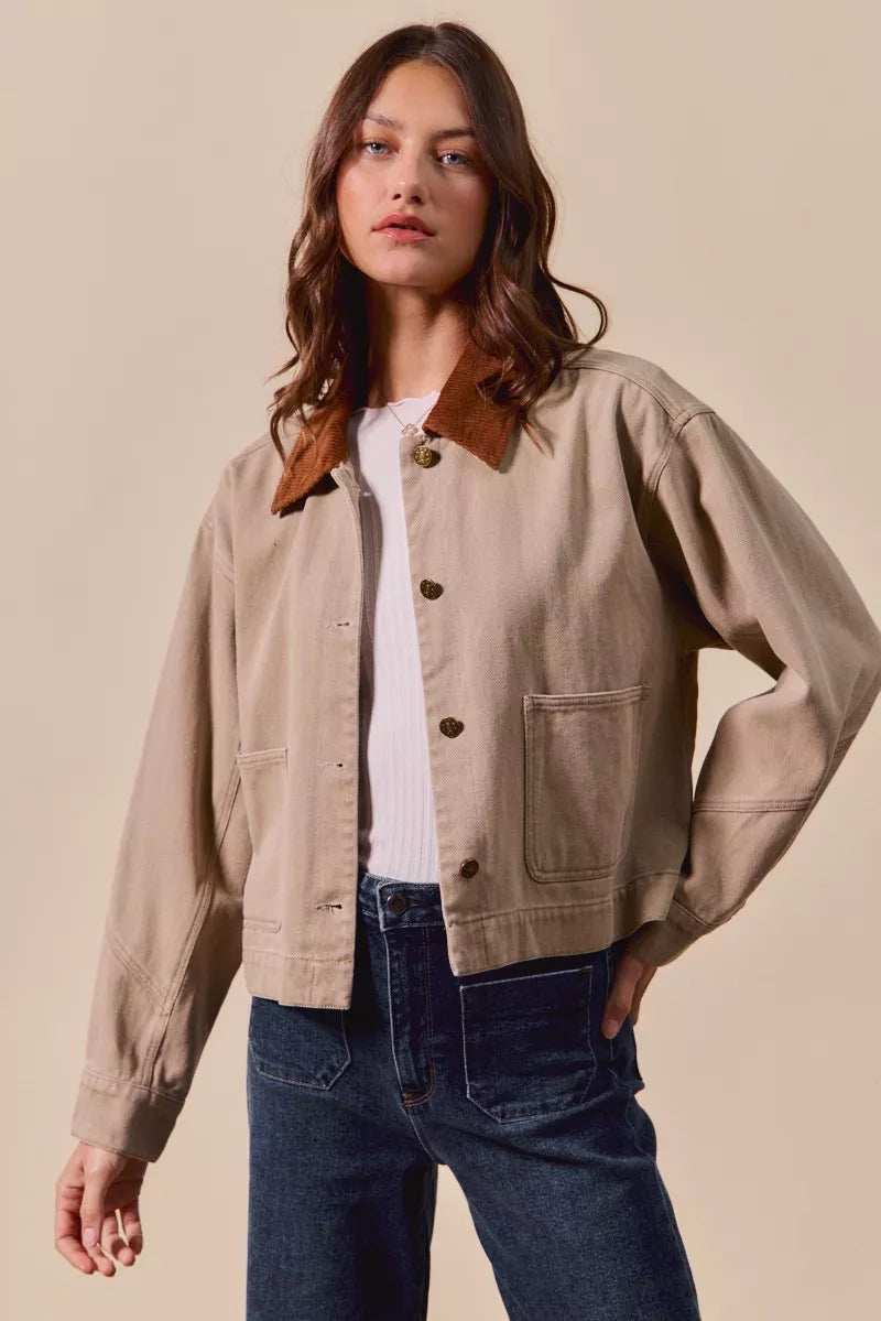 SO ME Cotton Twill Cropped Barn Jacket wtih Collar - Trendsi - Flyclothing LLC