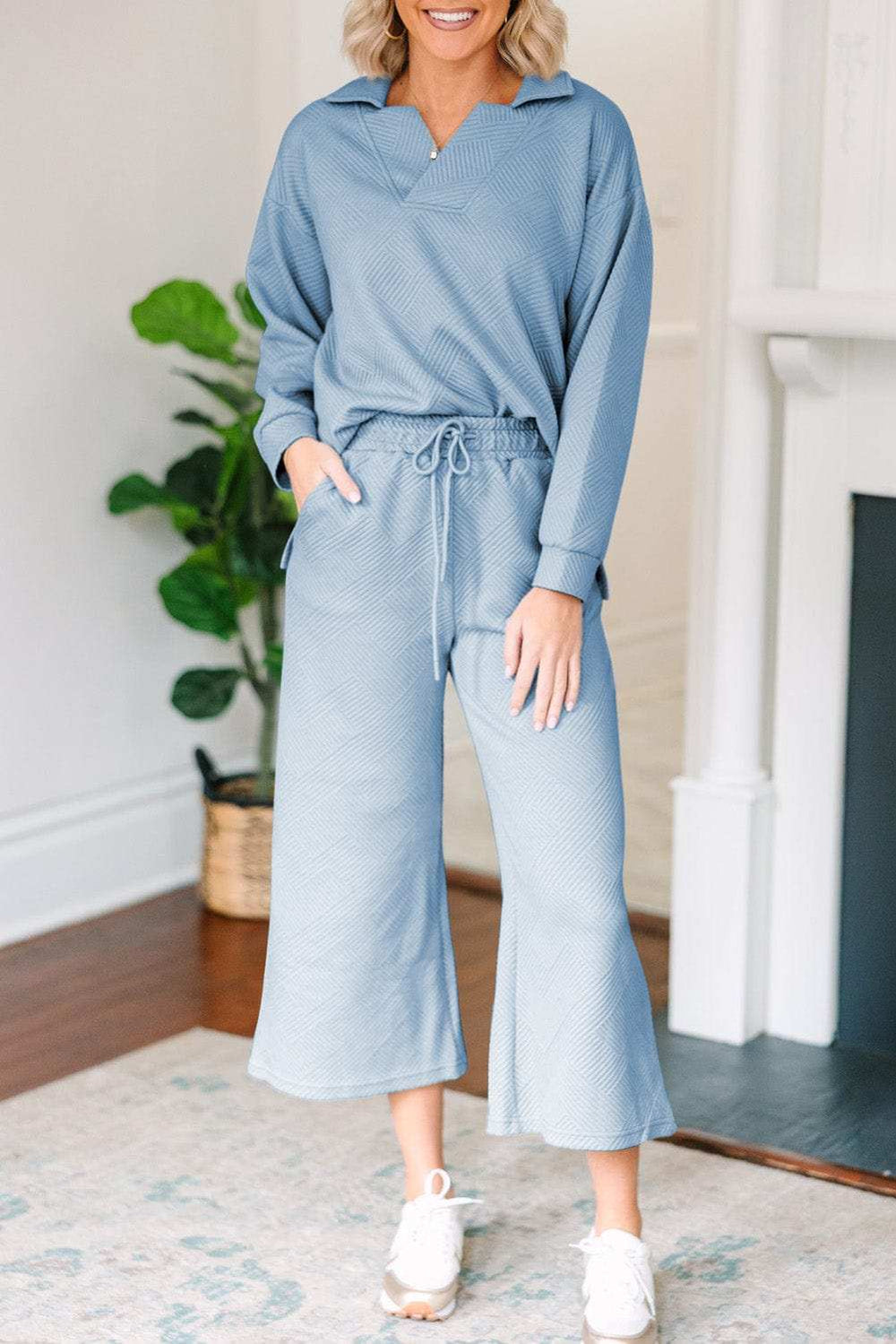 Textured Collared Neck Top and Wide Leg Pants Set - Trendsi - Flyclothing LLC
