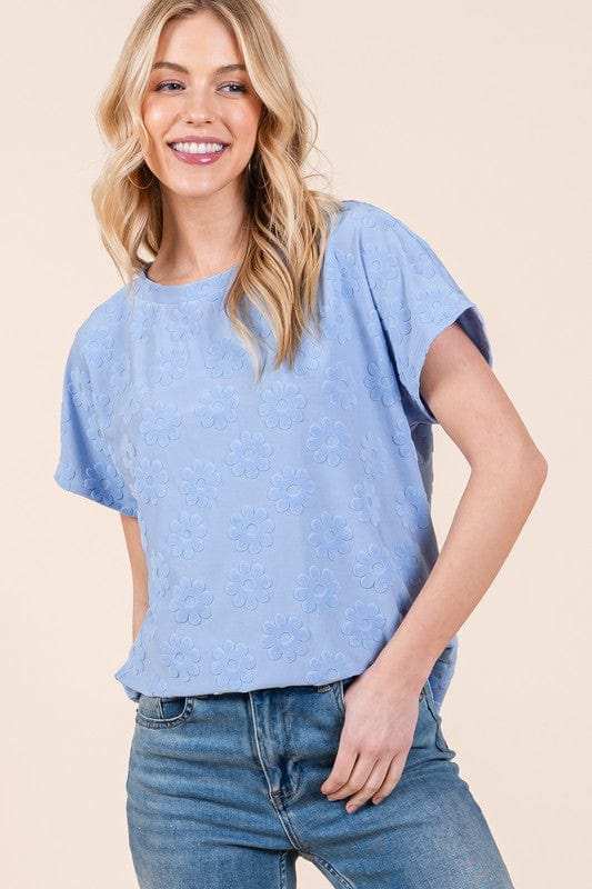 BOMBOM Textured Floral Pattern Short Sleeve T-Shirt - Trendsi - Flyclothing LLC