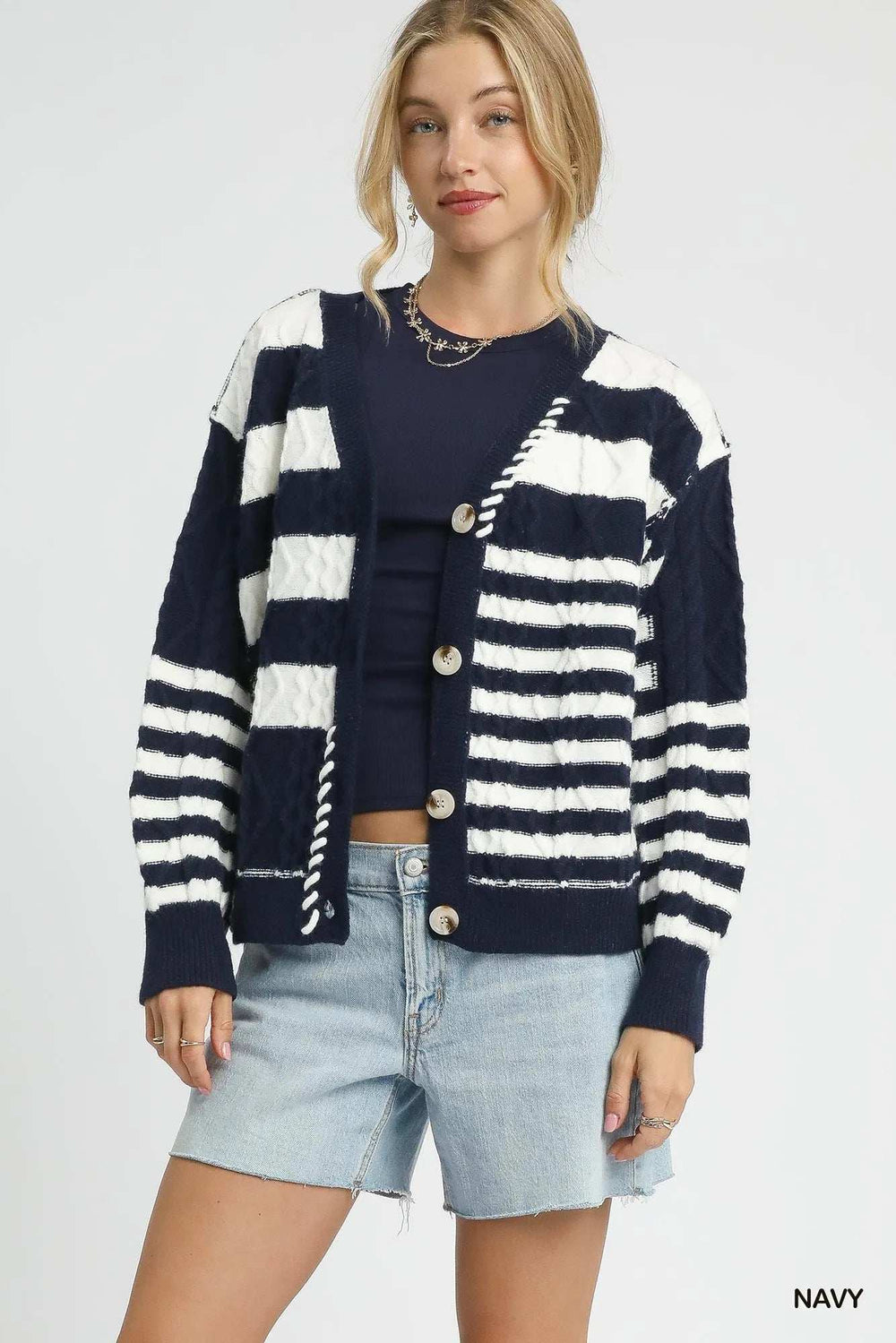 Umgee Cable-Knit Stripe Button-Up Cardigan - Trendsi - Flyclothing LLC