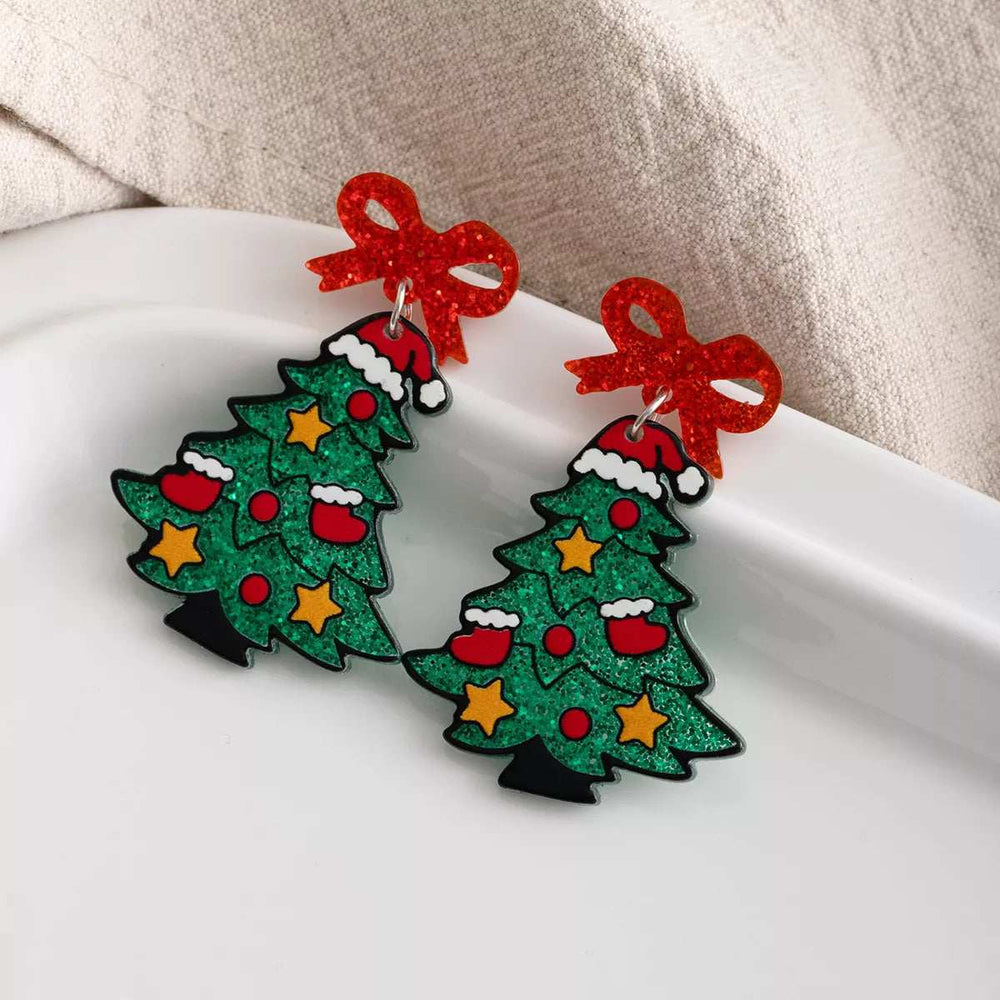 Christmas Tree Bow Dangle Earrings - Trendsi - Flyclothing LLC