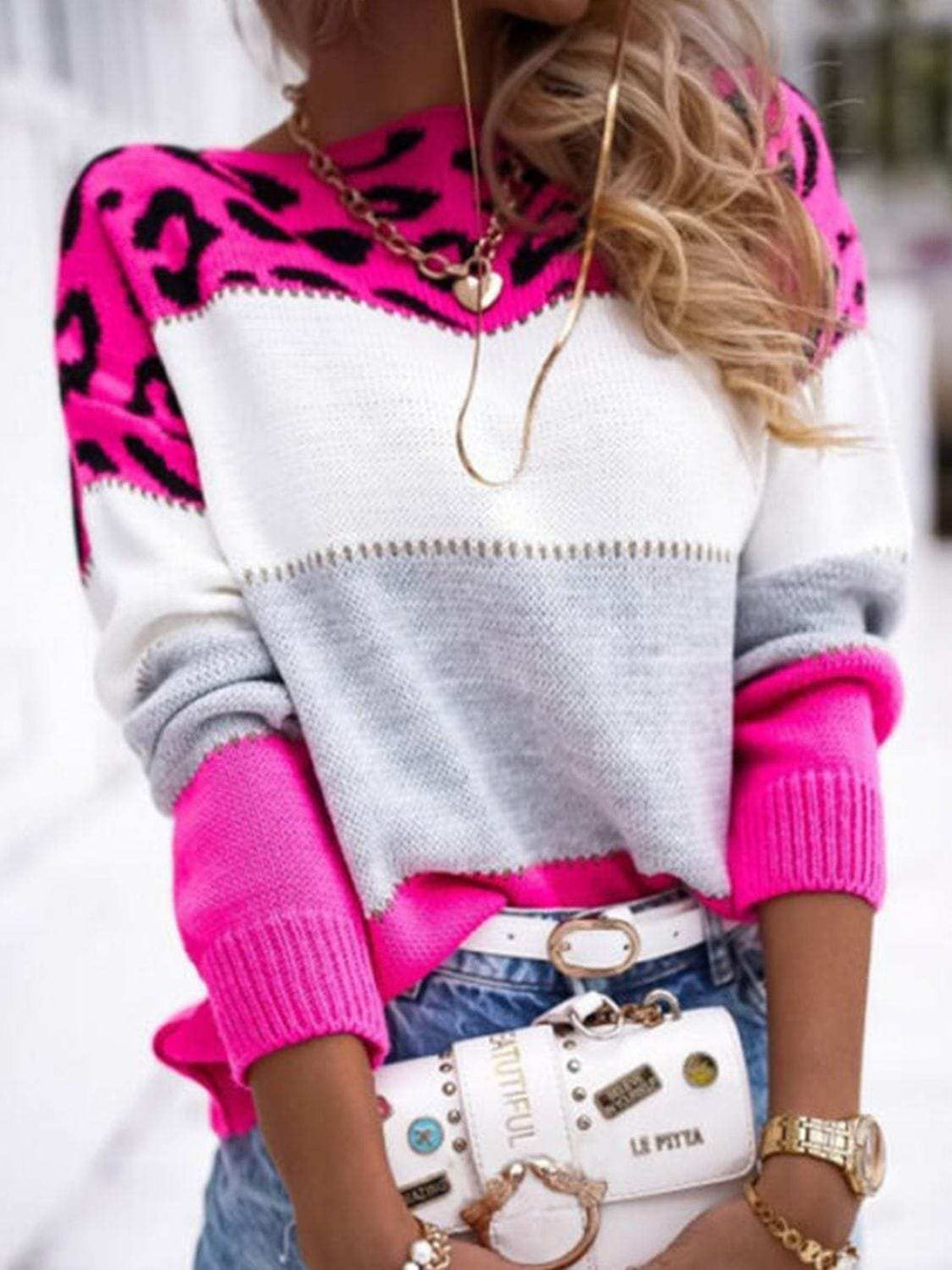 Leopard Color Block Round Neck Long Sleeve Sweater - Trendsi - Flyclothing LLC