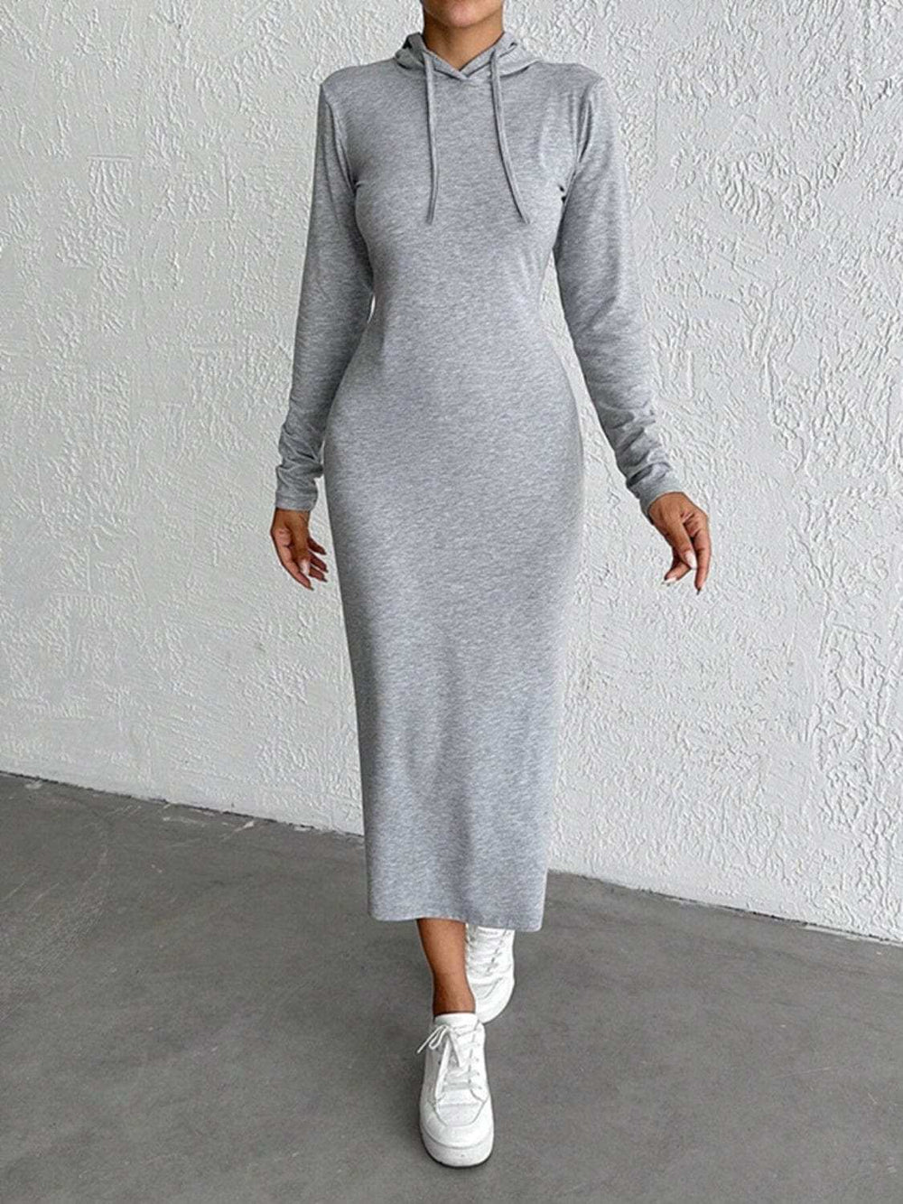 Drawstring Long Sleeve Hooded Midi Dress - Trendsi - Flyclothing LLC