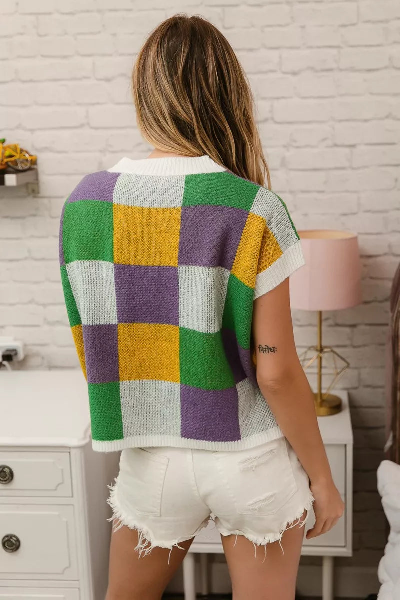 BiBi Sequin Embroidery Mardi Gras Checker Sweater Top - Trendsi - Flyclothing LLC