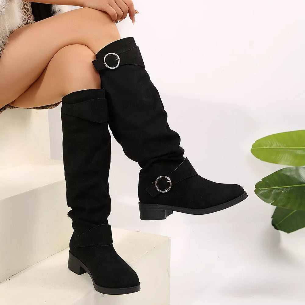 Buckle Accent Slouch Boots - Trendsi - Flyclothing LLC