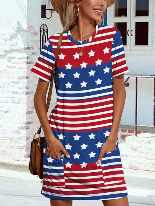 FAM-FAM Pocketd US Flag Printed Short Sleeve Dress - Trendsi - Flyclothing LLC