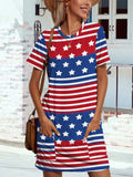 FAM-FAM Pocketd US Flag Printed Short Sleeve Dress - Trendsi - Flyclothing LLC