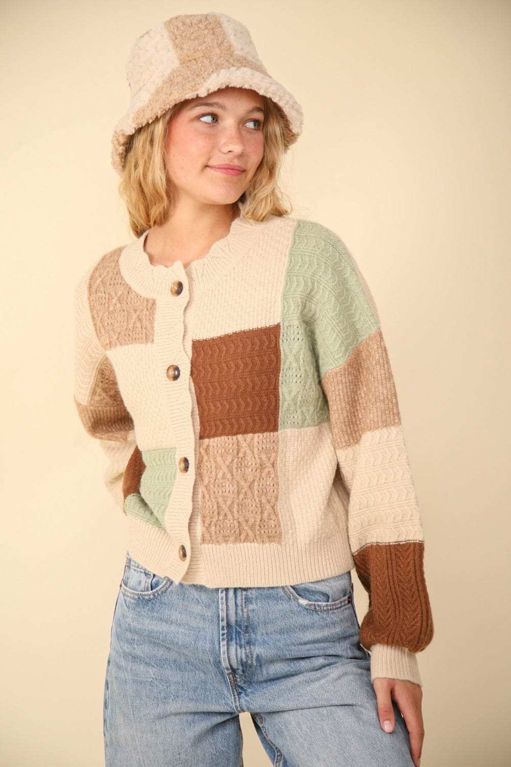 VERY J Color Block Button Down Textured Sweater Cardigan - Trendsi - Flyclothing LLC