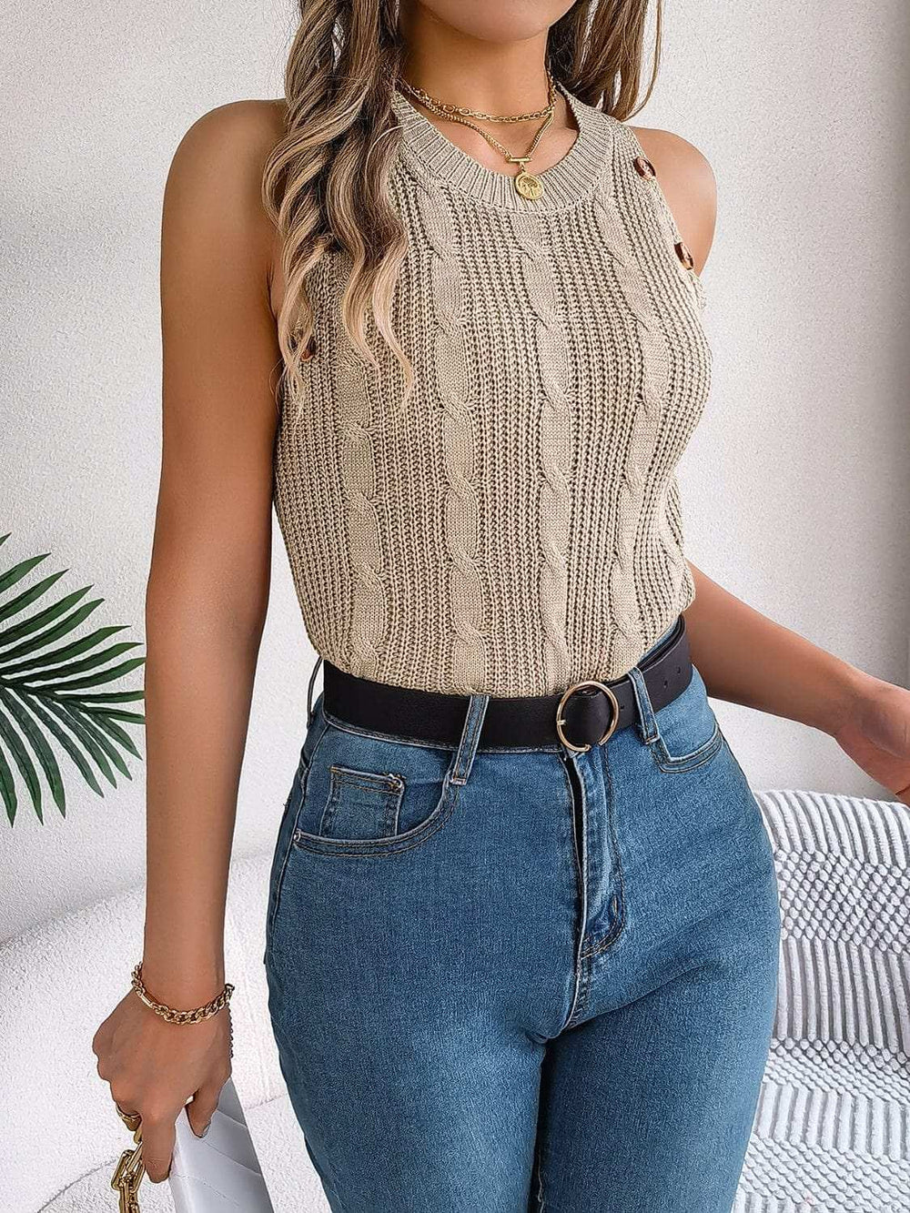 Cable-Knit Round Neck Vest - Trendsi - Flyclothing LLC