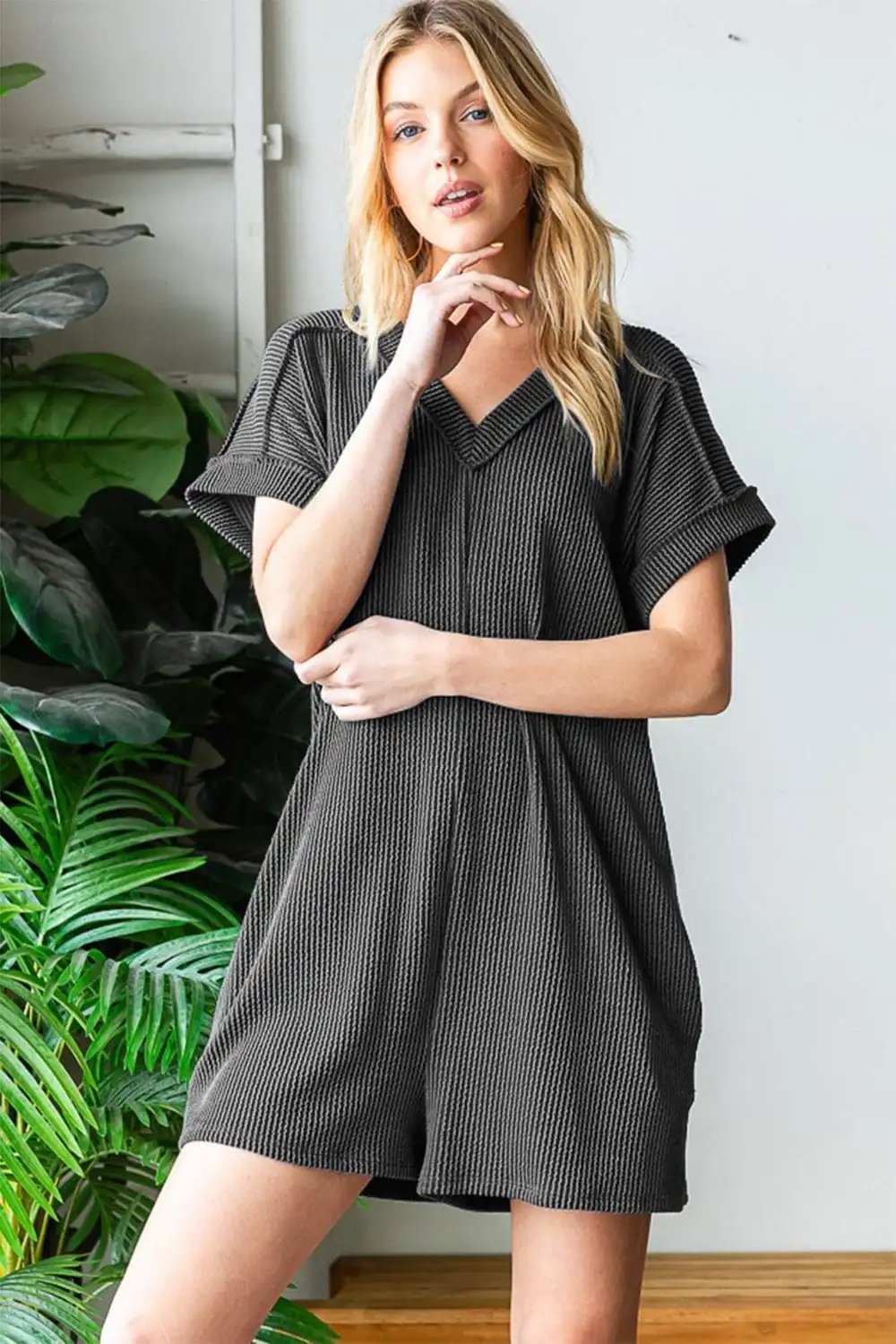 Heimish Full Size Short Sleeve Ribbed Romper with Pockets - Trendsi - Flyclothing LLC