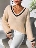 Contrast Trim V-Neck Long Sleeve Sweater - Trendsi - Flyclothing LLC