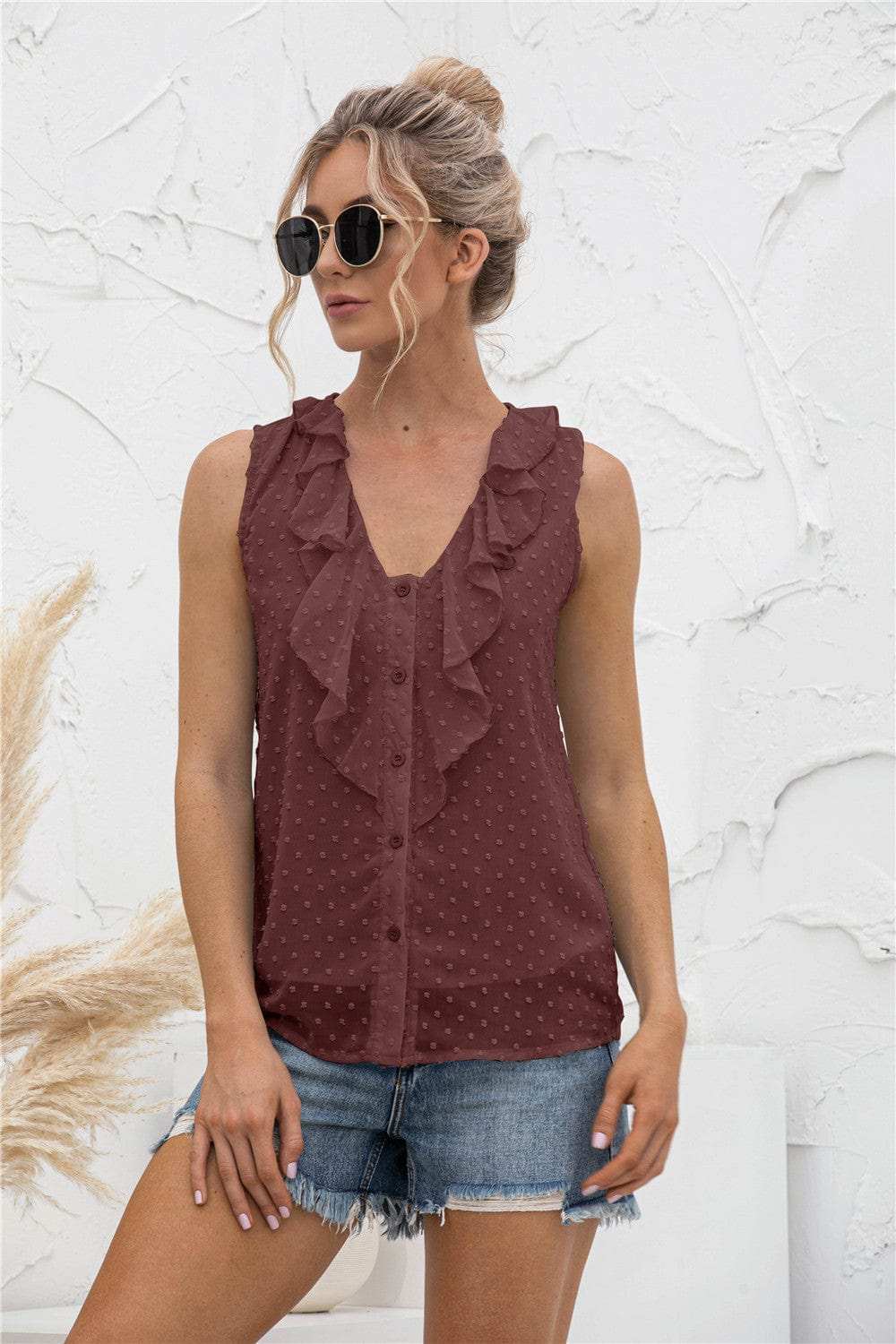Swiss Dot Ruffled Wide Strap Tank - Trendsi - Flyclothing LLC