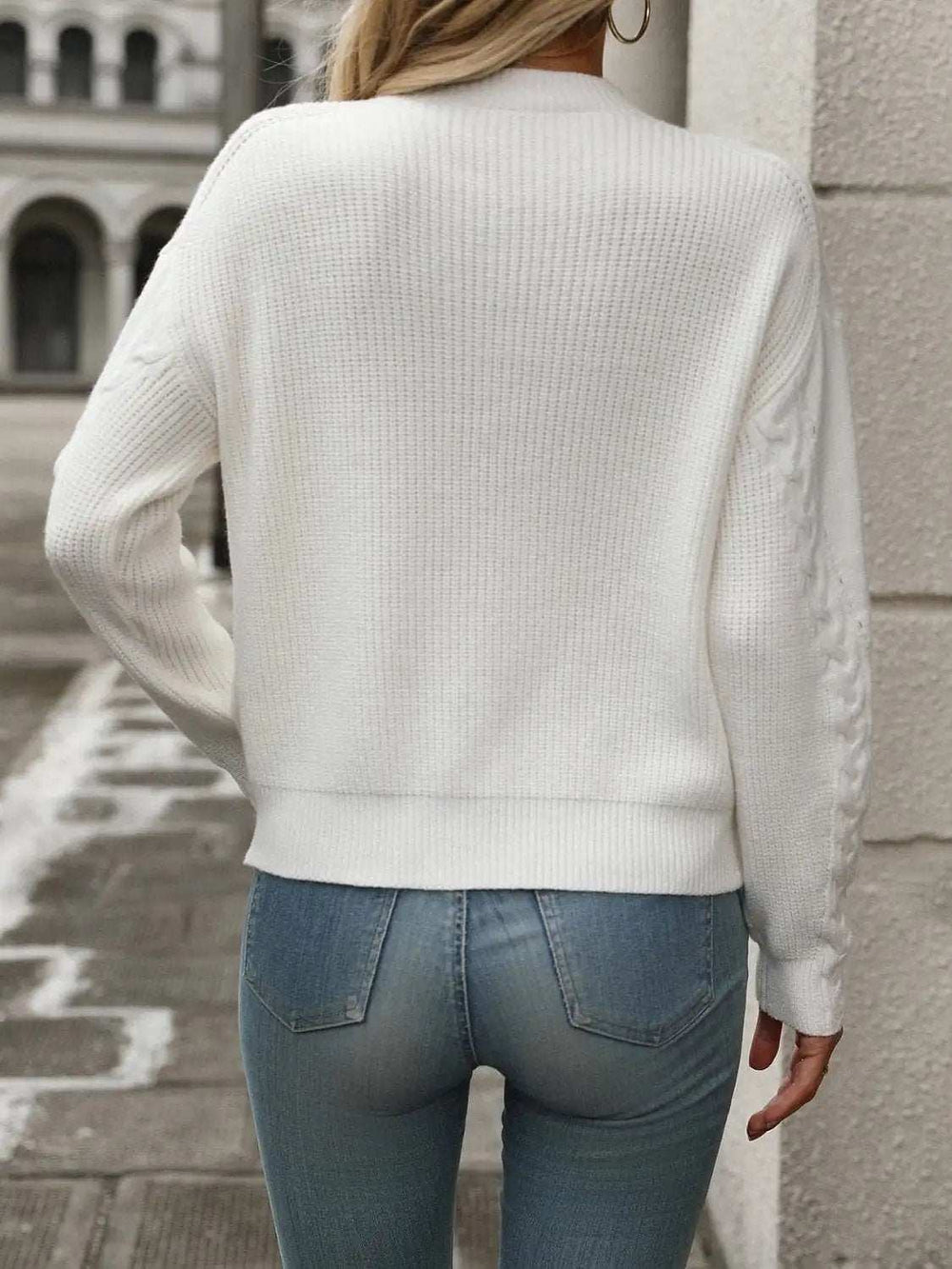 Cable-Knit Round Neck Long Sleeve Sweater - Trendsi - Flyclothing LLC