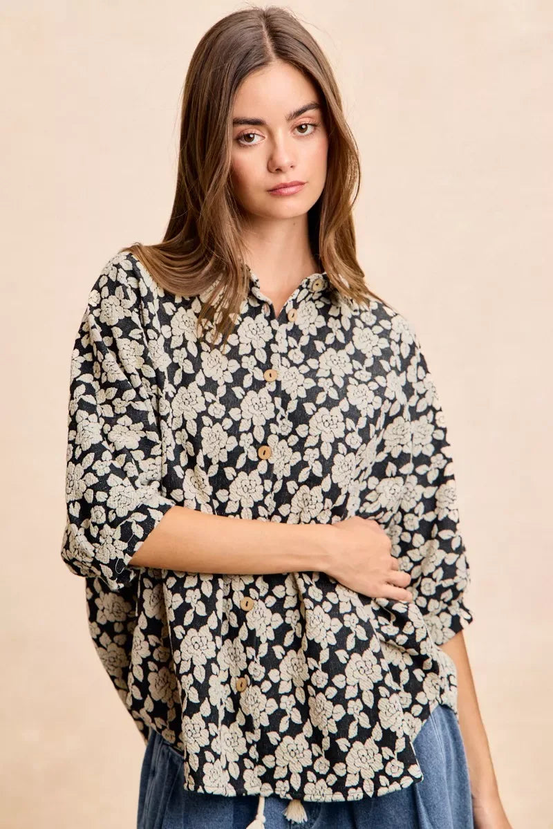 BiBi Floral Jacquard Short Dolman Sleeves Shirt - Trendsi - Flyclothing LLC