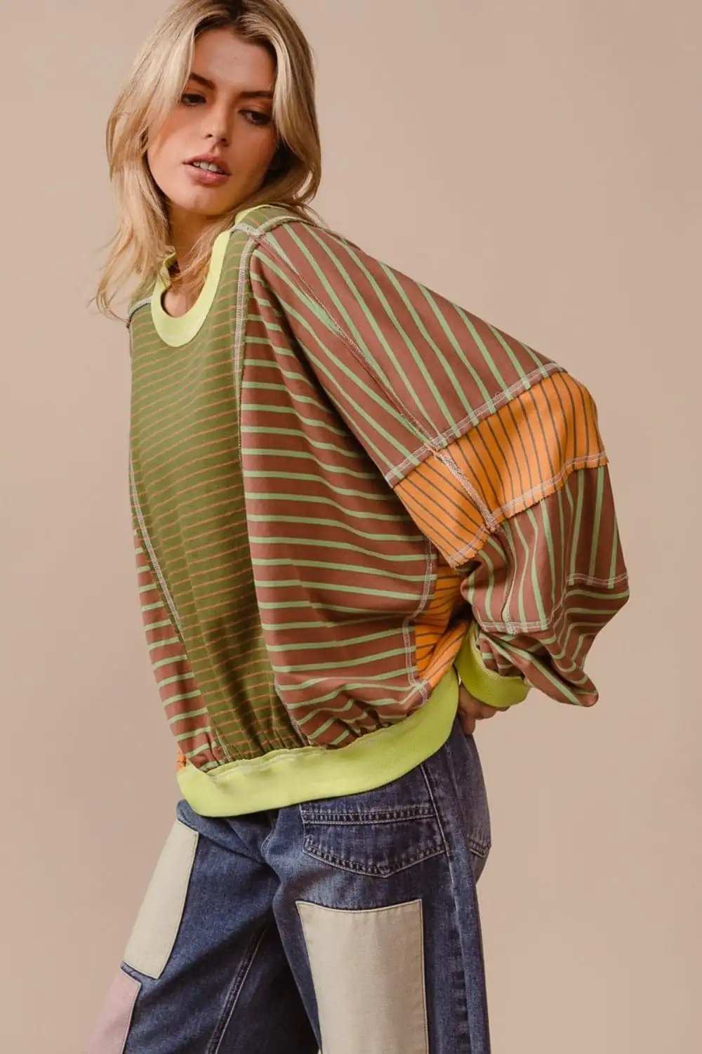 BiBi Color Block Striped Round Neck Sweatshirt - Trendsi - Flyclothing LLC