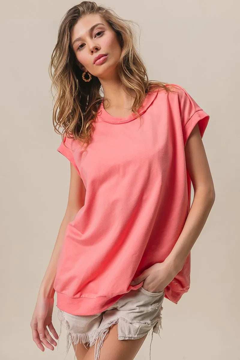 BiBi French Terry Drop Shoulder Basic Top - Trendsi - Flyclothing LLC