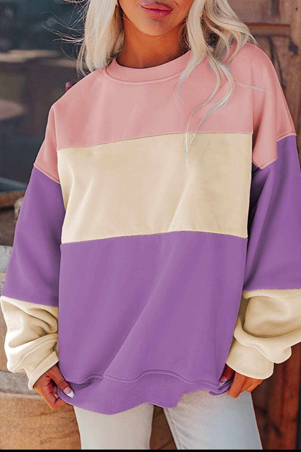 Contrast Round Neck Long Sleeve Sweatshirt - Trendsi - Flyclothing LLC