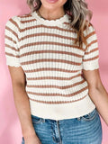 Stripe Scalloped Round Neck Short Sleeve Sweater - Trendsi - Flyclothing LLC