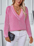 Striped V-Neck Long Sleeve Sweater - Trendsi - Flyclothing LLC