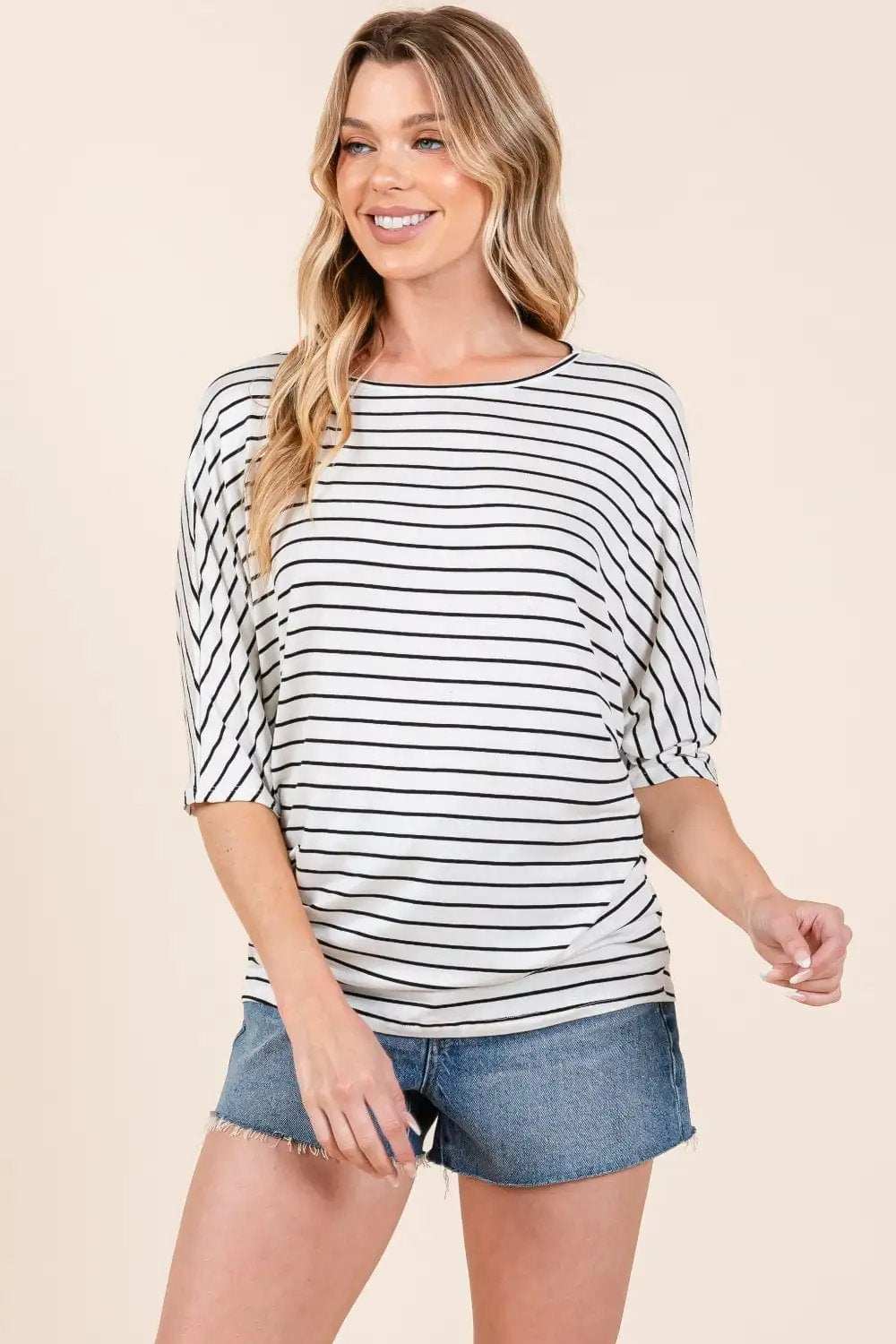 BOMBOM Striped Boat Neck Dolman Sleeve Top - Trendsi - Flyclothing LLC